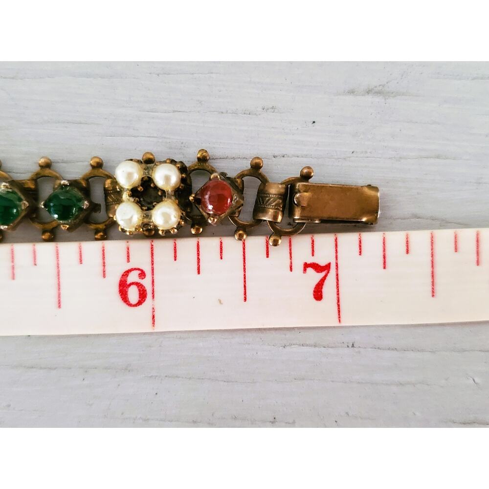 Victorian Revival Brass Filigree Faux Pearl & Glass Stone Bracelet - Picture 7 of 9